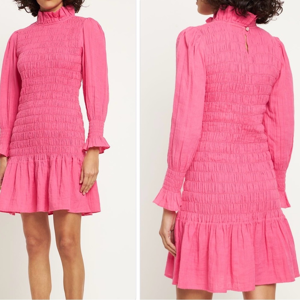 Maria De La Orden Aleria Smocked Long Sleeve Pink Mini Dress Size Medium